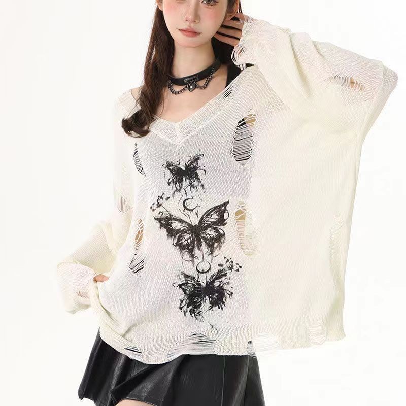 สาวร้อนกราฟฟิตีผีเสื้อกลวงสไตล์ใหม่แขนยาวฤดูร้อนเสื้อถักขี้เกียจหลวมทุกการแข่งขันเสื้อถักด้านบน