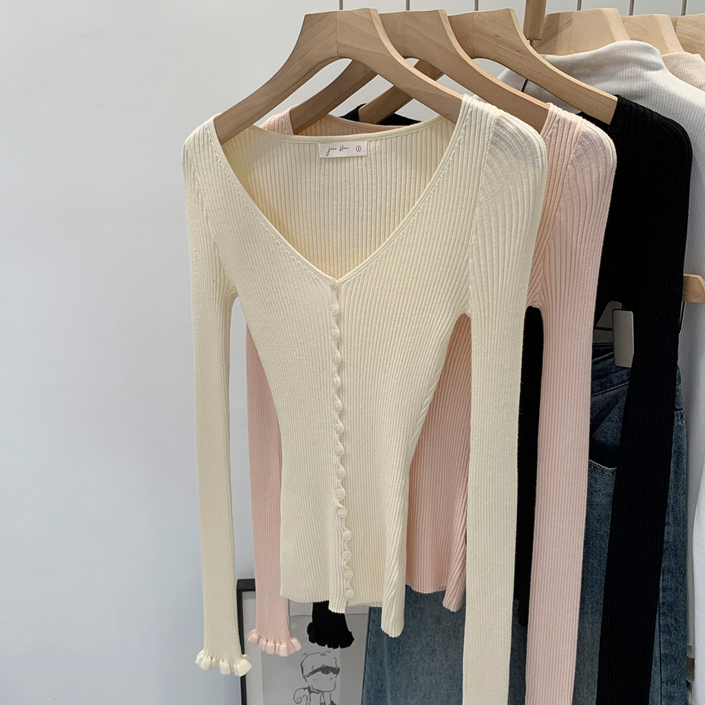 93355 Super All-Match Slim-fit คอวีสีชมพูแขนยาว