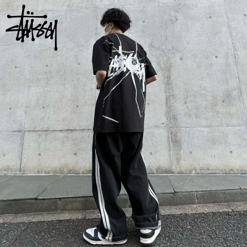 ♞,♘,♙STUSSY ดื้อรั้น เอสเอส23 หักสีดํา 8 พิมพ์รอบคอผู้ชายและผู้หญิงแขนสั้น sde