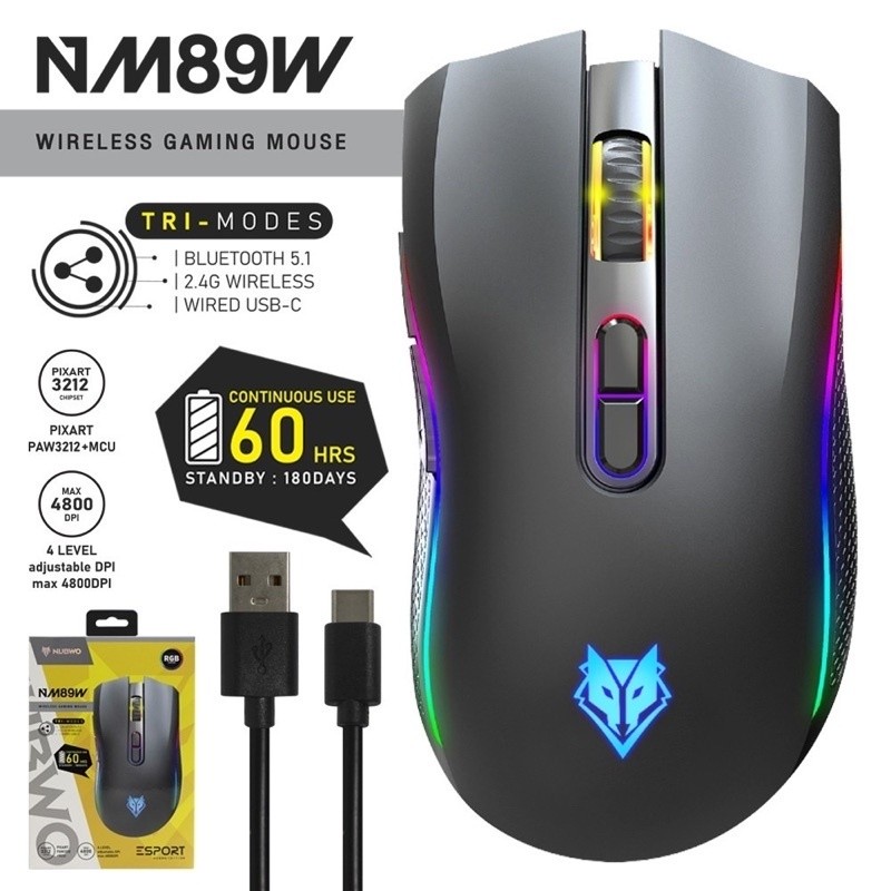 เมาส์เกมมิ่งไร้สาย NUBWO รุ่น NM-89W Wireless Gaming Mouse USB Wireless ,Bluetooth 5.1 มีไฟ RGB ปรั