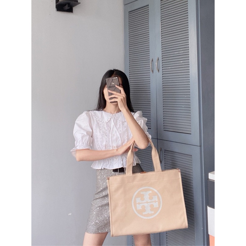 ♞Tory Burch Ella Canvas Tote กระเป๋าผ้า Canvas yutj