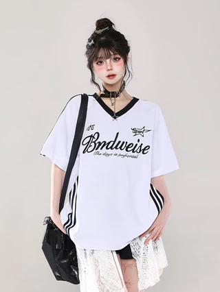 Solovely ผู้หญิง สไตล์เกาหลี ปักลาย ผ้าฝ้าย เสื้อตัวบน สีเย็บ ลายทาง คอวี โอเวอร์ไซส์ เสื้อยืด