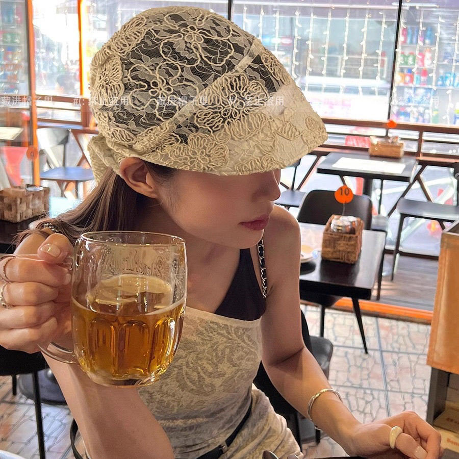 Shanmieleng ลูกไม้ Bow Laced-Up Newsboy หมวกหญิง Hollow บาง Baotou หมวกหมวก Beret หมวก - รูปที่ 2