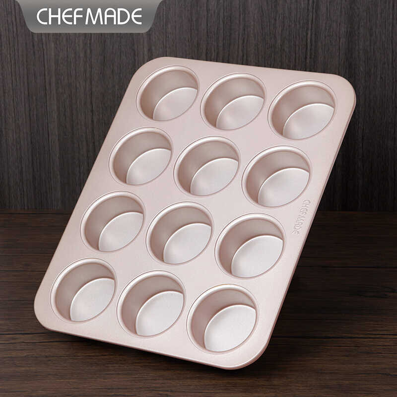 12-Cavity CHEFMADE Pan Non-Stick Bread Cake Mold Baking Bakeware British Muffin Tray Wk9846