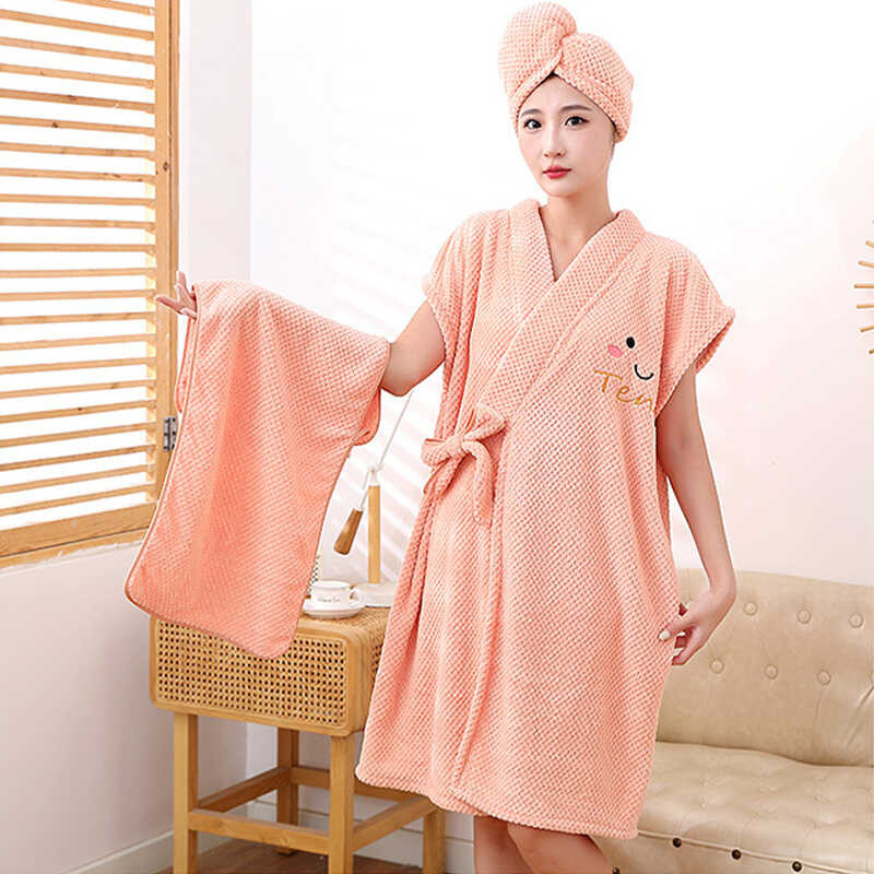 JJT Bathrobe + Shower Cap For Women Thick Veet Bath Skirt Lounge Wear Towels, Bath Towels, Bath To