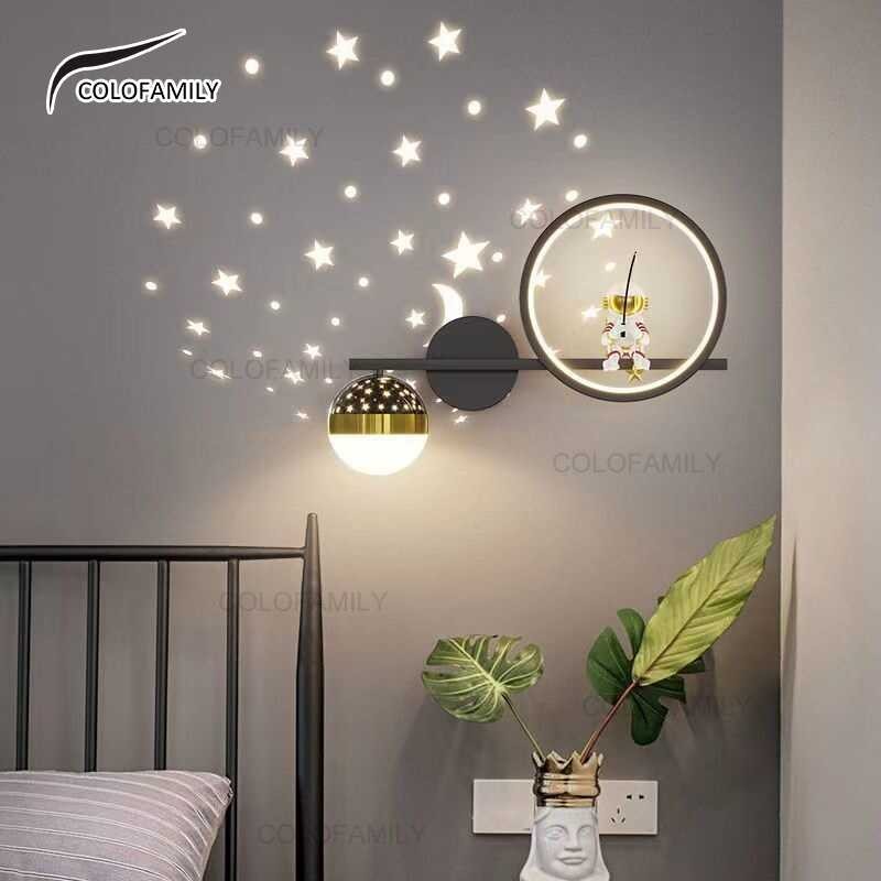 3 🍀 Color Led Wall Light Bedroom Bedside Spaceman Moon Children's Room Creative Lamp