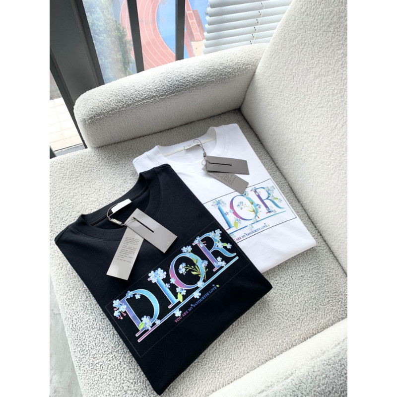Dior0101 เสื้อยืดพิมพ์ลาย DIOR ดอกไม้สีฟ้า ชุดสูทสองชิ้นสีดําสีขาว