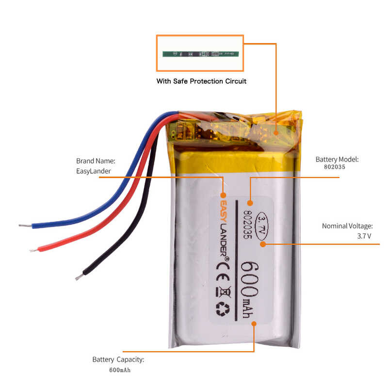Δ 3 สาย 802035 3.7V 600Mah แบตเตอรี่ลิเธียมไอออนโพลิเมอร์แบ
