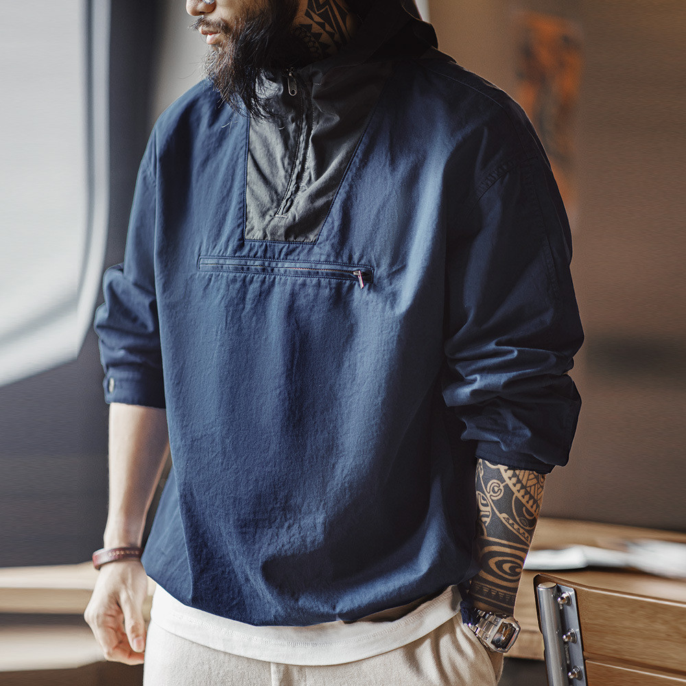 ♞,♘,♙ Tooling American Retro Color-Blocking Hooded Jacket หลวมมาตรฐาน Deck Jacket Casual Pullover J