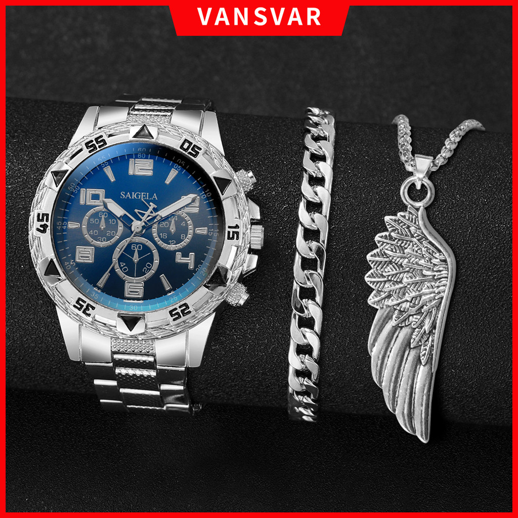 แฟชั่นผู้ชายเหล็กวงสามตาแก้วควอตซ์ตัวเลขอาหรับธุรกิจนาฬิกาเย็นอินเทรนด์ปีกชุด