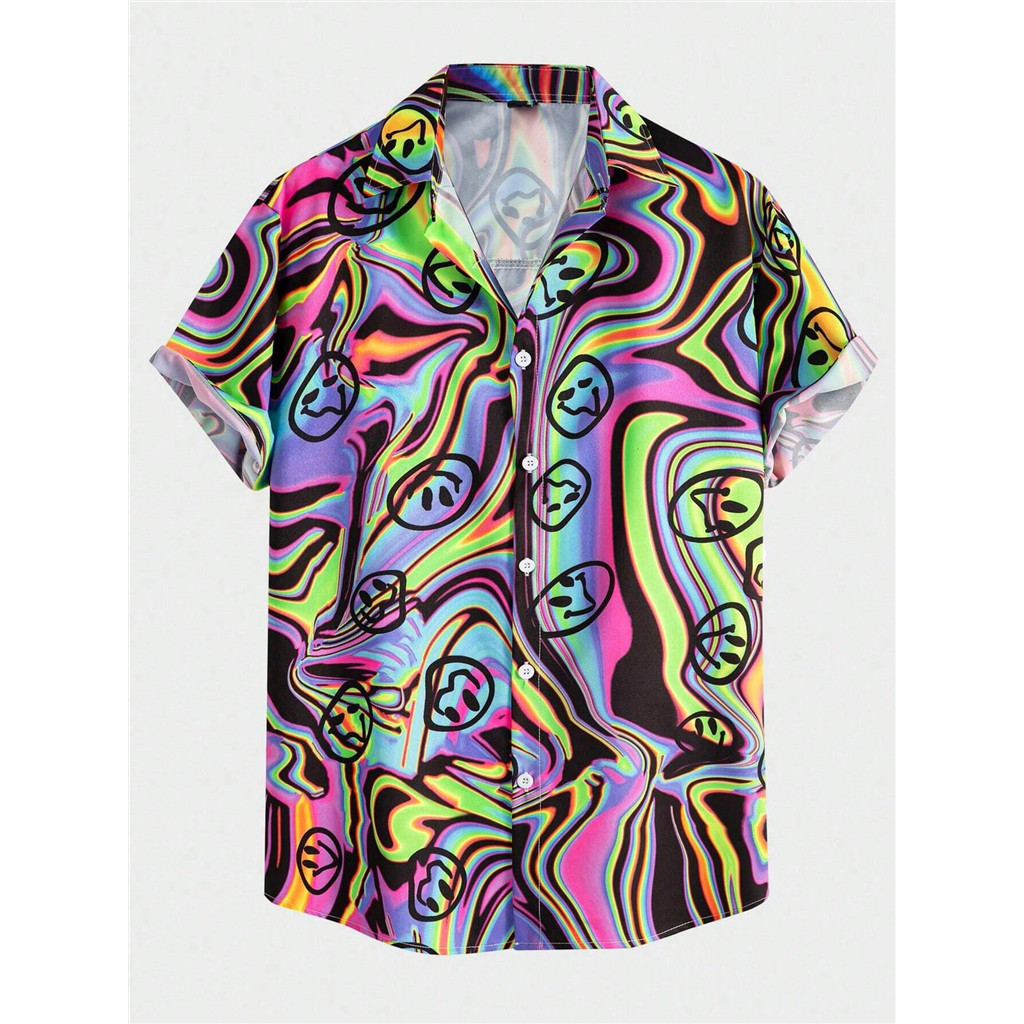 ROMWE Street Life Men Cartoon Face Allover Print Y2k Shirt, School Hawaiian Shirt