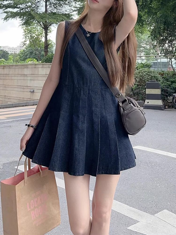 Retro Art ชุดเดรสเสื้อกั๊กยีนส์ผู้หญิงฤดูร้อนสไตล์ใหม่