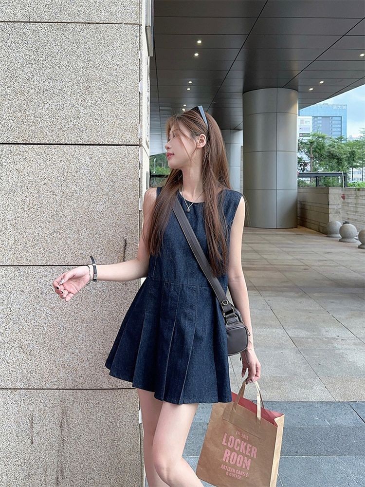 Retro Art ชุดเดรสเสื้อกั๊กยีนส์ผู้หญิงฤดูร้อนสไตล์ใหม่