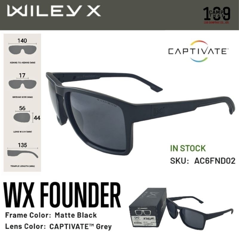 แว่นตา WILEY X แท้รุ่น FOUNDER เลนส์โพรีคาร์บอลเนต แบบ Captivate Grey ให้ความคมชัดสูง ทนทาน Assembl