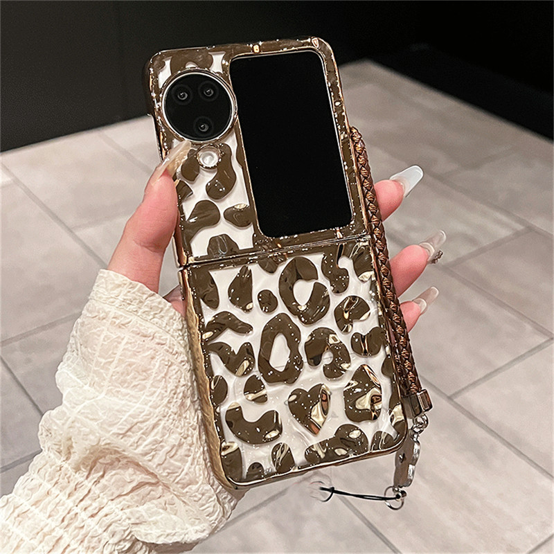 แฟชั่นคลาสสิก เคสโทรศัพท์เสือดาวชุบพร้อมสร้อยข้อมือทอดอกไม้สําหรับ OPPO N3flip N3 Flip Back Cover พร้อมสาย Protable