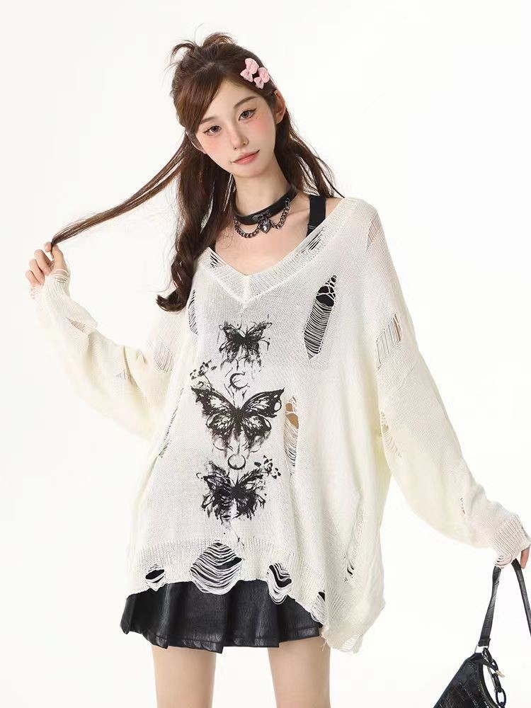 สาวร้อนกราฟฟิตีผีเสื้อกลวงสไตล์ใหม่แขนยาวฤดูร้อนเสื้อถักขี้เกียจหลวมทุกการแข่งขันเสื้อถักด้านบน