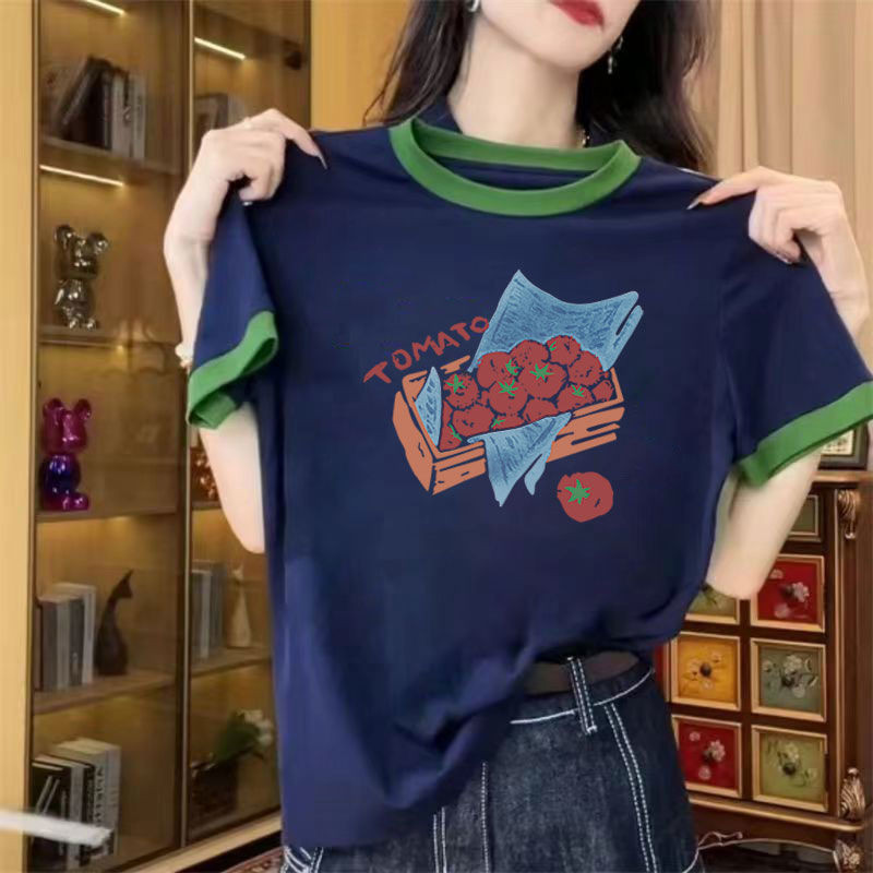 คอกลมแขนสั้นเสื้อยืดผู้หญิงฤดูร้อนสไตล์ใหม่การ์ตูนพิมพ์ ผอมลง ดูไหล่อย่างเป็นทางการ ที – โปรปัง