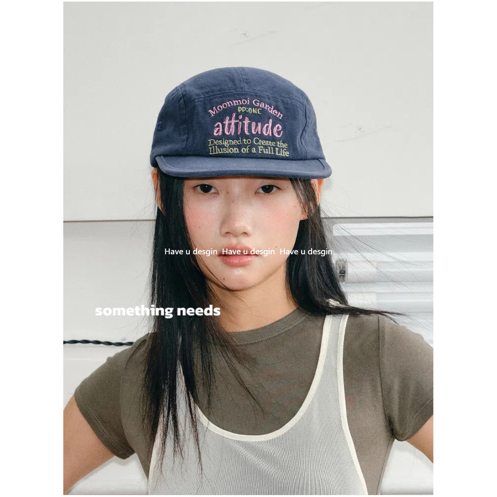 มี u desgin American Style Street Feel Letter เย็บปักถักร้อยเบสบอลหมวกแบน Brim Soft Top All-Match Sun หมวก Retro หมวก