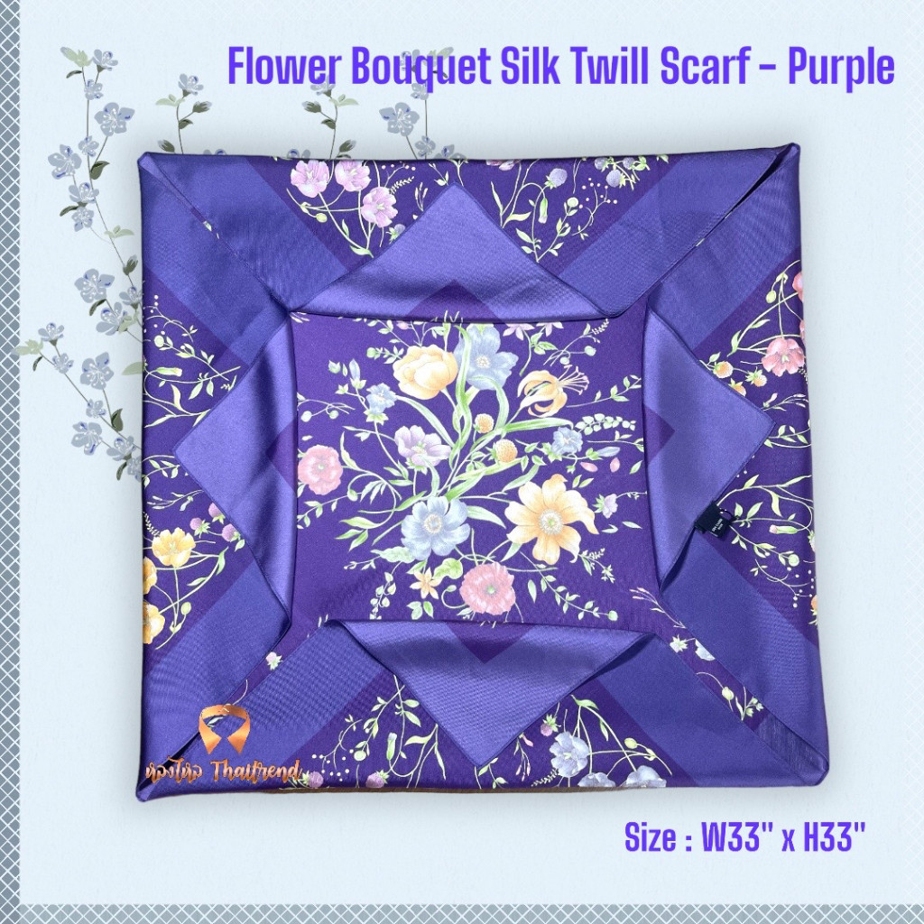 ผ้าพันคอ แบรนด์ Jim Thompson รุ่น Flower Bouquet Silk Twill Scarf - Purple
