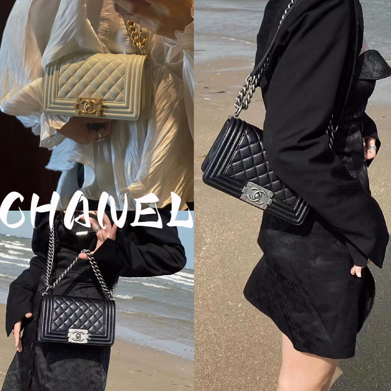 ชาแนล CHANEL Le Boy series หนังลูกวัวหัวเข็มขัดทองพลิกกระเป๋าสะพายกระเป๋าสะพายข้างขนาดเล็ก / กระเป๋