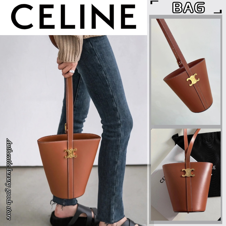 ♞,♘CELINE Leather Bucket Bag/กระเป๋าผู้หญิง/กระเป๋าสะพายไหล่/กระเป๋าถือ/สไตล์ล่าสุด/ยุโรปนำเข้าแท้1
