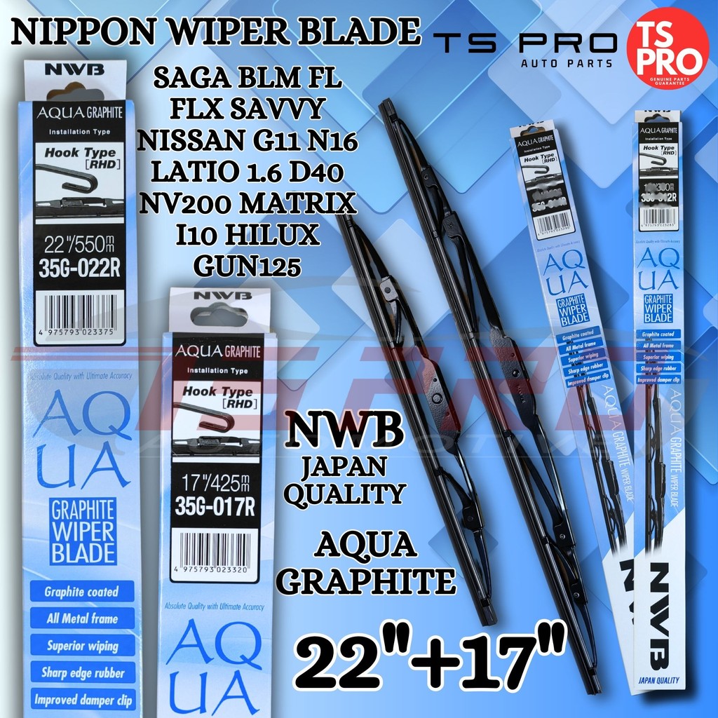 NWB Aqua Graphite (22"+17") ใบปัดน้ําฝน-Saga BLM FLX Savvy Nissan G11 N16 Latio 1.6 D40 NV200 Matrix