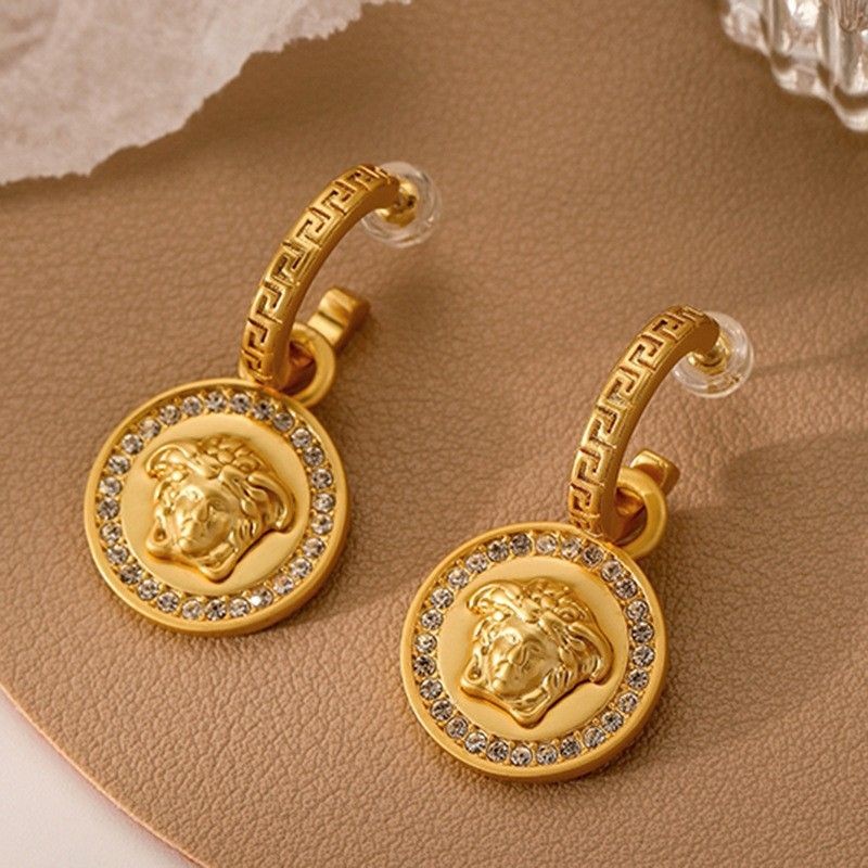 Versace Vintage Micro-paved Zircon Medusa Portrait ต่างหูหรูหรา Niche Vintage ต่างหู