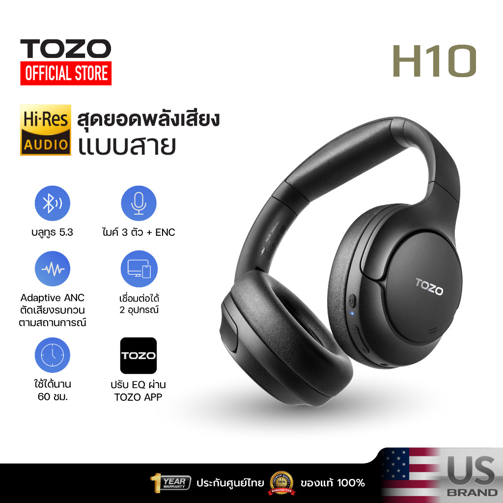 [ประกันศูนย์ไทย] TOZO H10 หูฟัง Headphone มี Adaptive ANC BT 5.3 หูฟังครอบหู หูฟังไร้สาย ใช้ได้นาน