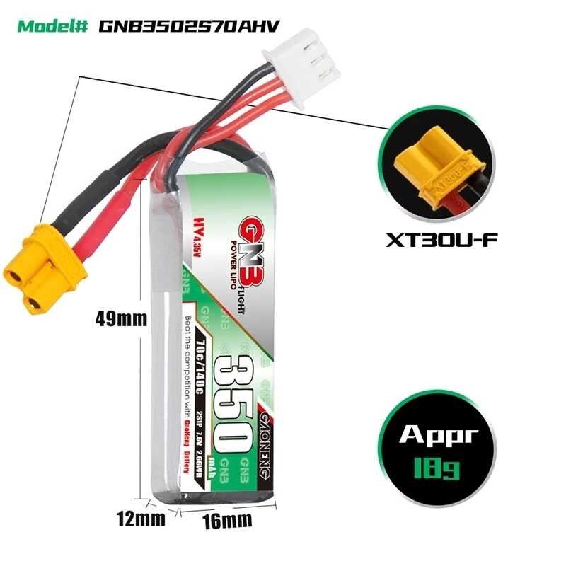 Δ พลังงานสูง GNB 2S 7.6V 350Mah 70C / 160C แบตเตอรี่ลิเธียม Xt30u-F