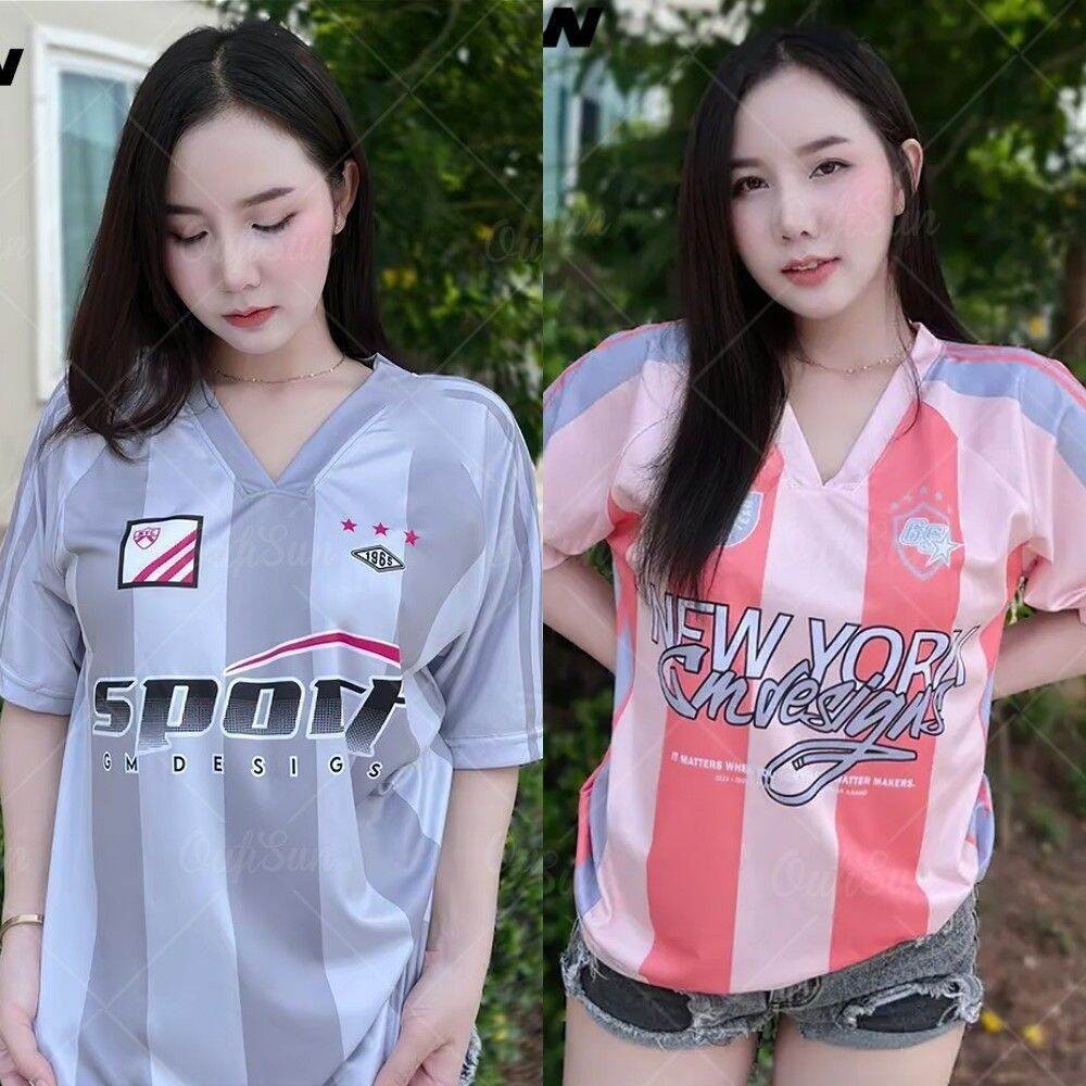 สตรีทแฟชั่นผู้หญิงขนาดบวกเสื้อยืดคอวี โอ เวอร์ไซส์ หลวมเสื้อกีฬาสําหรับเลดี้คู่กีฬา เสื้อยืด-5