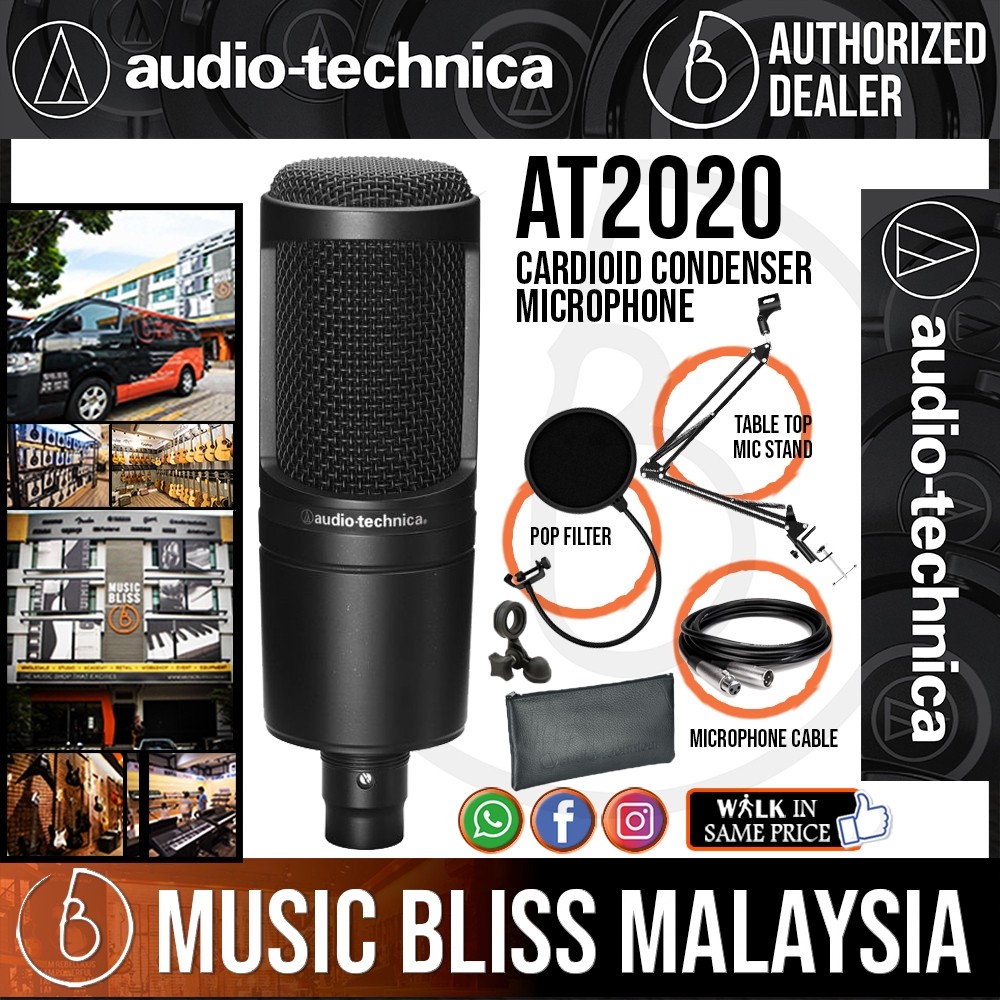 ในสต็อก [READY STOCK] Audio Technica AT2020 Cardioid Condenser Mic พร้อม Pop Filter, Mic Holder & สา