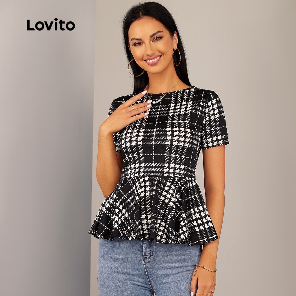 ในสต็อก Lovito Elegant ลายสก๊อตรอบคอแขนสั้นเสื้อ L20D1581 (สีดํา) Lovito Blus Elegan kotak-kotak El