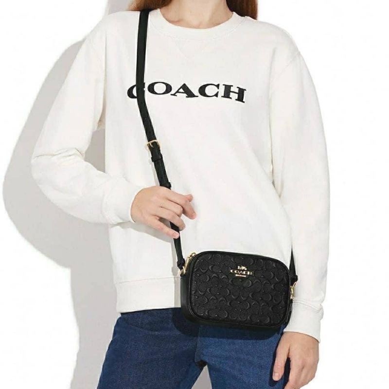 สีดำหนังทั้งใบNew COACH Mini Jamie Camera Bag In BLACK Signature Embossed Leather Crossbody ขนาด 7