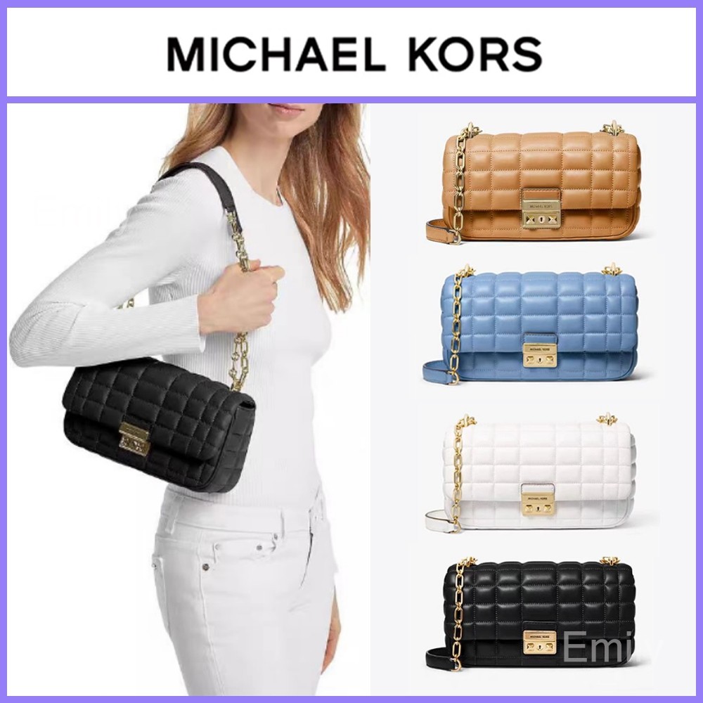 ♞,♘MICHAEL KORS MK Tribeca กระเป๋าถือใบเล็กลายตารางหมากรุกของแท้ yutj