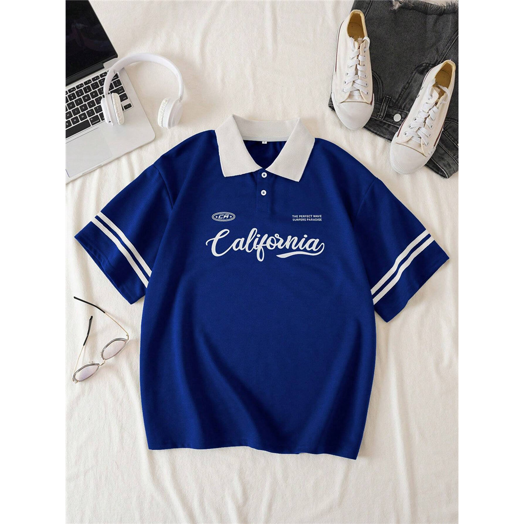 INAWLY Letter Graphic Contrast Collar Tee Graphic Tees Women Tops POLO