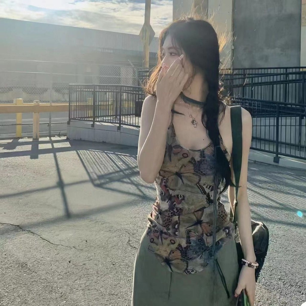 Retro Hot Girl Butterfly พิมพ์ผ้ากอซ Camisole ฤดูร้อนสไตล์ใหม่ไม่สม่ําเสมอเซ็กซี่ Slim-fit ด้านนอกผู้หญิง