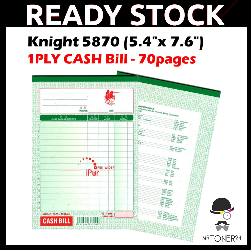 Knight 5870 Cash Bill (5.4" x 7.6") 1PLY 70Sheets Easy Tear Off Cash Bill Book