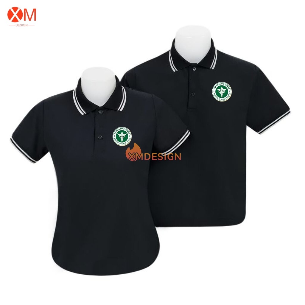 แห้งรวดเร็ว เสื้อโปโล พิมพ์ลาย ทรงผู้ชาย ทรงผู้หญิง สีดำระบายอากาศ(เลือกตราหน่วยงานได้ สาธารณสุข สพฐ อปท มหาดไทย อสม สำนักงานคณะกรรมการการศึกษาพื้นฐาน)C115