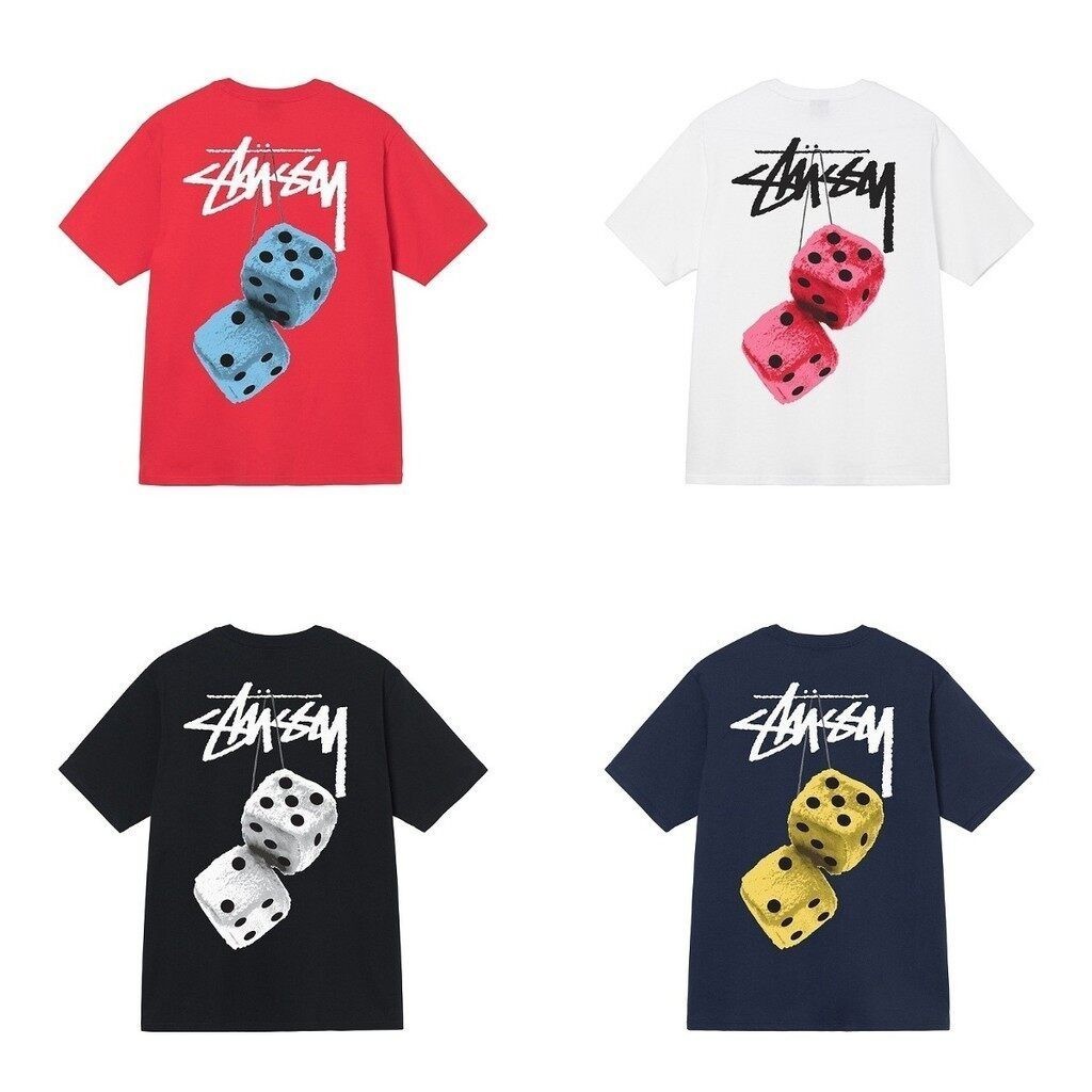 ♞,♘Stussy FUZZY DICE เสื้อยืด Baju Unisex ผู้ชายผู้หญิงรอบคอแขนสั้นผ้าฝ้าย Baju Lelaki Wanita sde