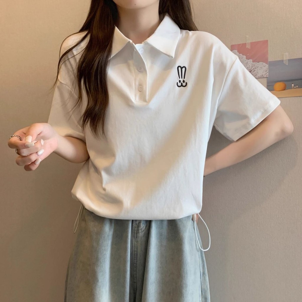 POLO Collar เสื้อยืดแขนสั้นผู้หญิงไหล่แท้