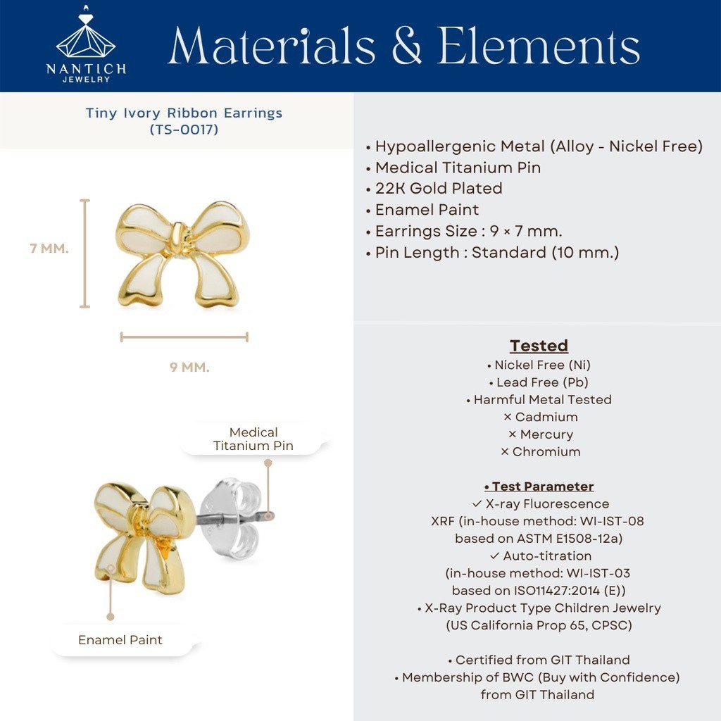 ต่างหูเกาหลี ️ [เครื่องประดับ | ปลอดภัย] ต่างหู คนแพ้ง่าย : Tiny Ivory Ribbon Earrings (TS-0017) Na