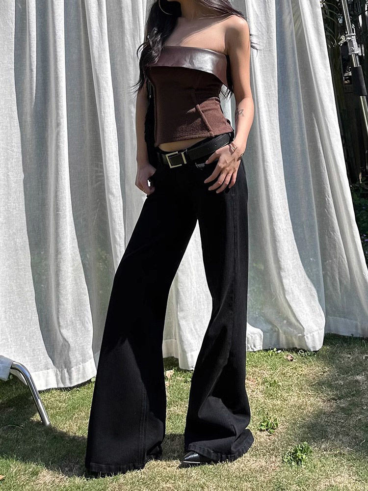 Shanmieleng Hot Girl Retro ล้างกางเกงยีนส์สีดําผู้หญิง 2024 ฤดูใบไม้ร่วงฤดูหนาวสไตล์ใหม่ต่ําเอวกางเกงบานเล็กน้อย
