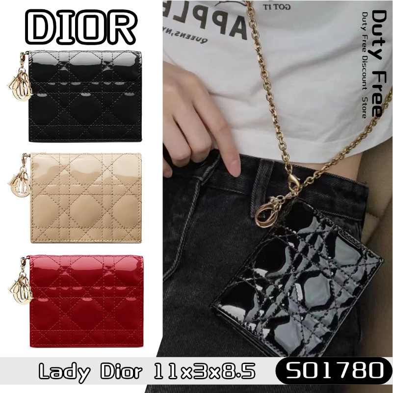 Dior Lady Dior Wallet ดิออร์กระเป๋าสตางค์พลิกของผู้หญิง/กระเป๋าสตางค์หนังสิทธิบัตร/กระเป๋าเงินเหรีย