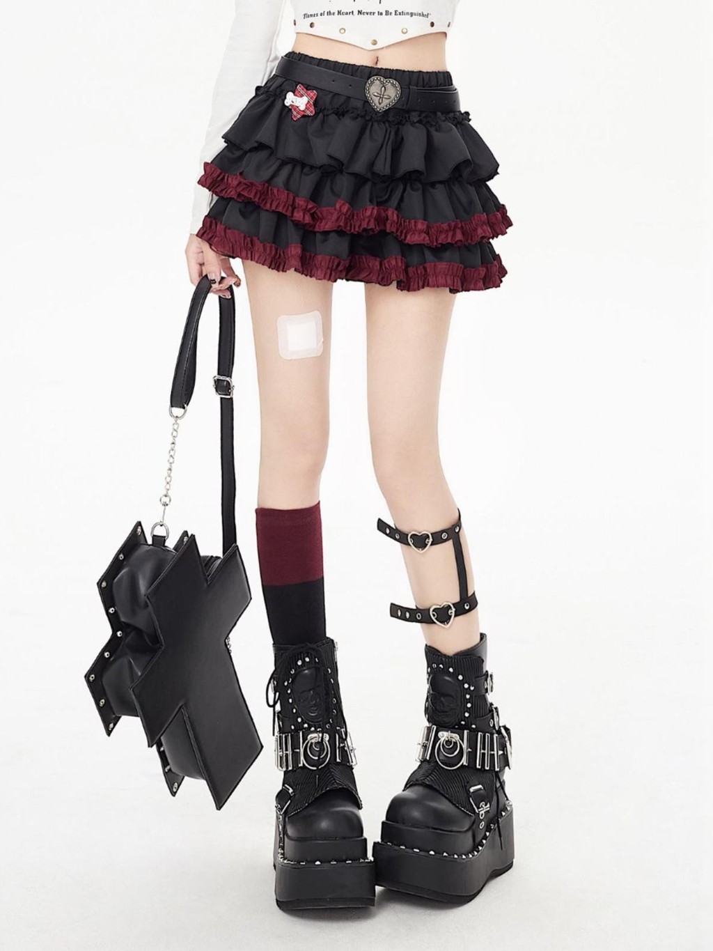 พัฟแขนกระโปรงสาวร้อนy2k Dark Yabi Punk Rockเค้กครึ่งความยาวสีBlockingขอบA-Lineสั้น