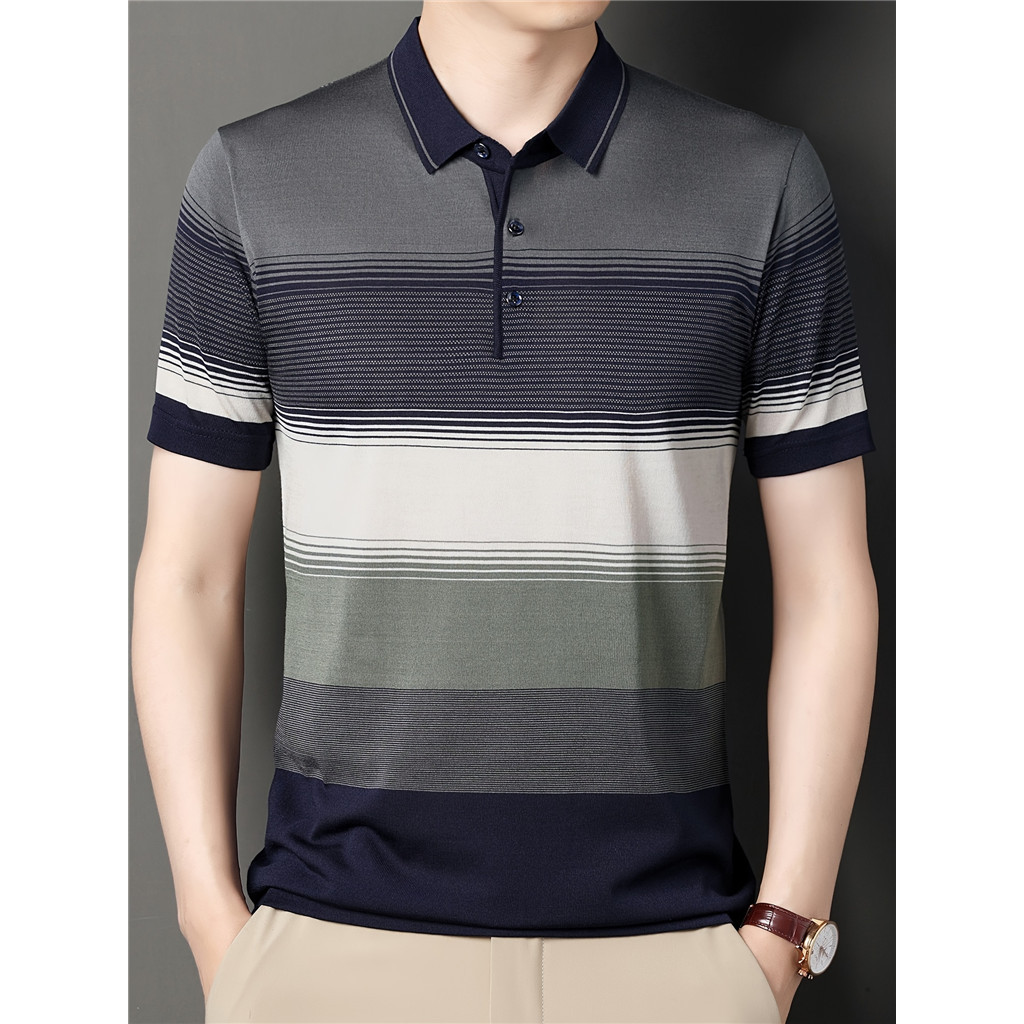เสื้อโปโลกอล์ฟพิมพ์ลายทางสีสันสดใสสําหรับผู้ชายฤดูร้อนกลางแจ้งสตรีทลําลองขนาดใหญ่ปกเสื้อโปโลแขนสั้น