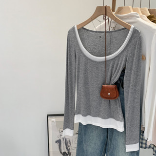 เสื้อยืดแขนยาวสำหรับผู้หญิง ทำจากเส้นใยปลอมสองชิ้น