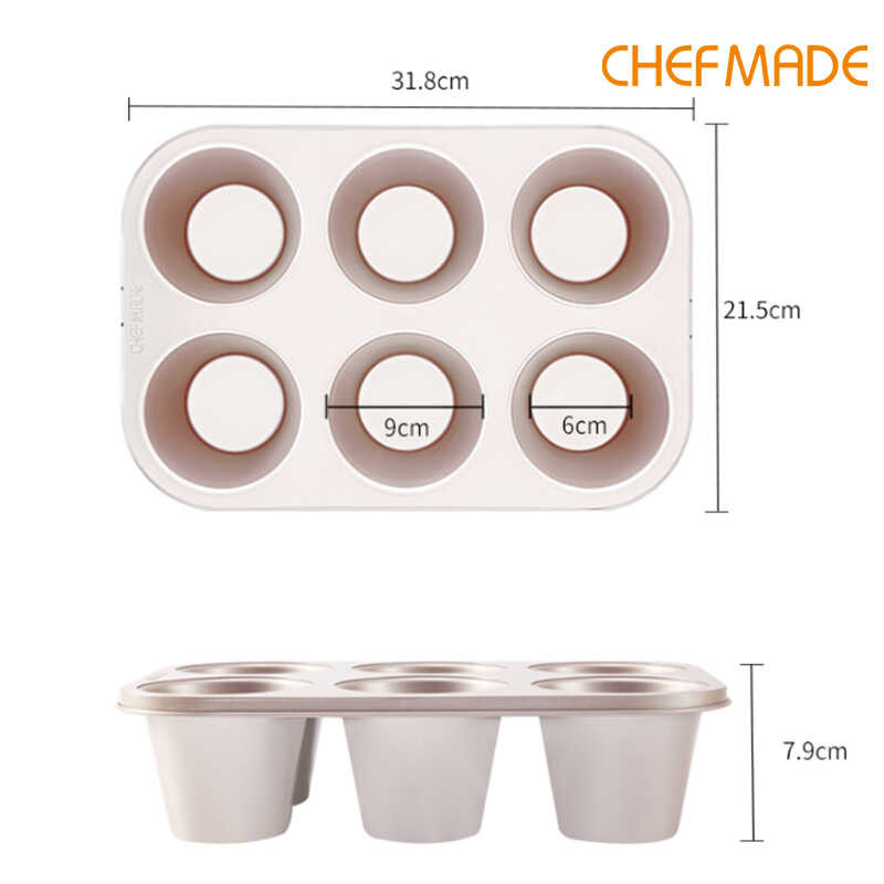 6-Cavity CHEFMADE Non-Stick Deep Muffin Pan Cupcake Bread Baking Tray Bakeware Wk9845