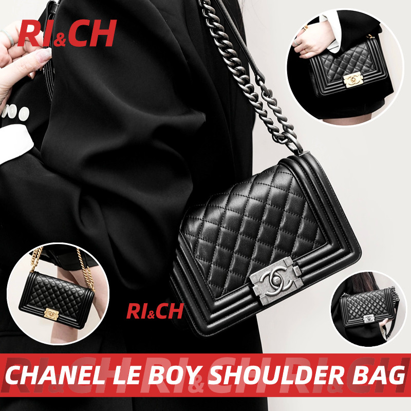 Chanel Le Boy 10'' 8'' #Small #Medium Shoulder Bag สีดำ หนังแกะ Sheepskin แท้