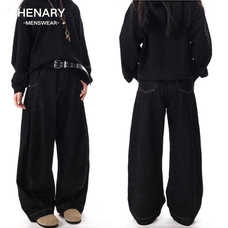 HENARY-กางเกงยีนส์ผู้ชาย สีดำ ขากว้าง ทรงหลวม ขนาดใหญ่ ไซซ์ S-3XL สไตล์สตรีท baggy jeans