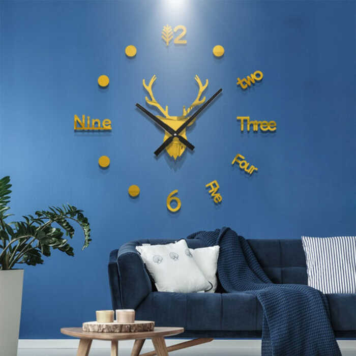 3D Polocat Wall Clock พร้อมกระจกสติ๊กเกอร์หัวกวางสร้างสรรค์ D